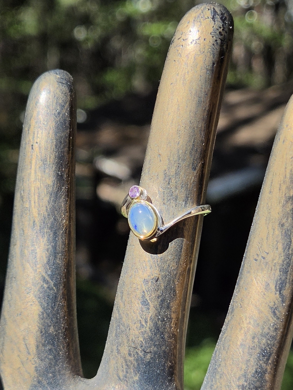 Opal & Amethyst Sterling & Gold Ring Sz6.5 - Picture 6 of 9